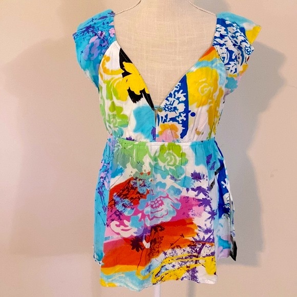 🌹Jams World women’s 💯Rayon multi color HAWAIIAN blouse V-neck button closure-S - Picture 1 of 15